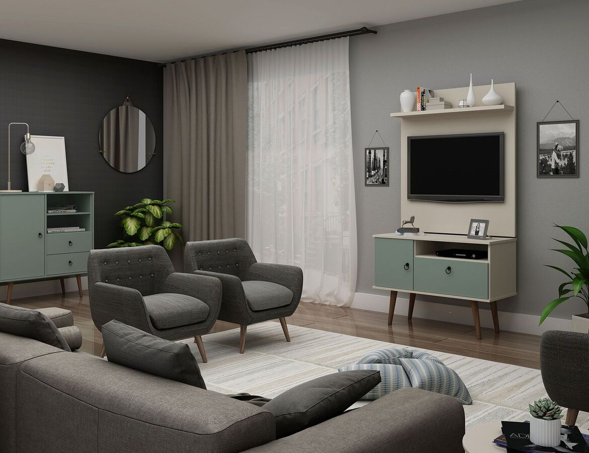 Manhattan Comfort TV & Media Units - Tribeca 35.43 TV Stand & Panel with Media & Display Shelves in Off White & Green Mint