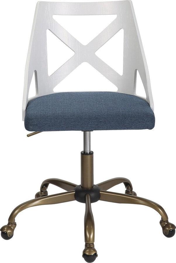 Lumisource Task Chairs - Charlotte Farmhouse Task Chair In Antique Copper Metal, White Textured Wood, & Blue Fabric