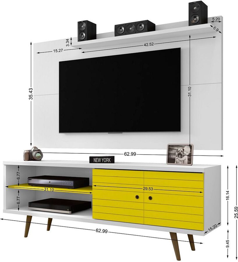 Manhattan Comfort TV & Media Units - Liberty 62.99 Mid-Century Modern TV Stand & Panel with Solid Wood Legs in White & Yellow