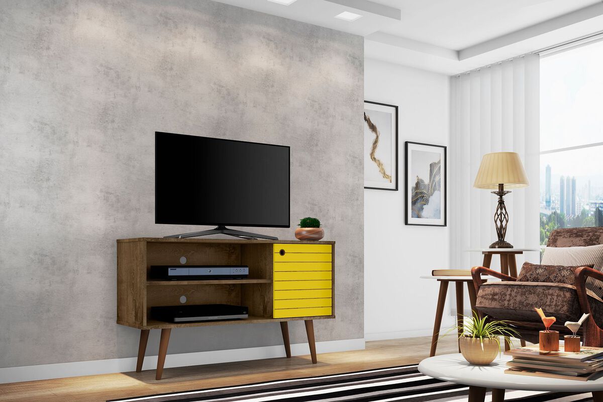 Manhattan Comfort TV & Media Units - Liberty 42.52" Mid-Century - Modern TV Stand with 2 Shelves & 1 Door in Rustic Brown & Yellow