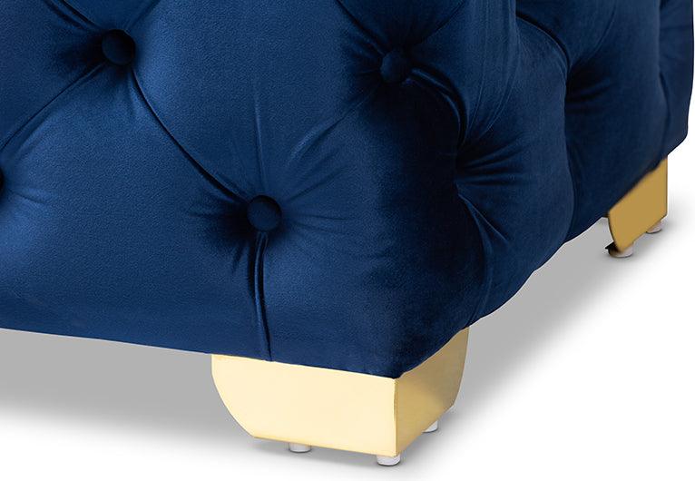 Wholesale Interiors Ottomans & Stools - Avara Glam & Luxe Royal Blue and Gold Finished Button Tufted Bench Ottoman