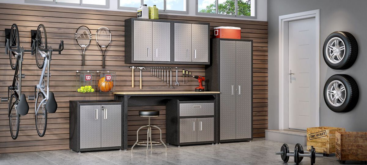 Manhattan Comfort Buffets & Cabinets - Fortress 30" Floating Textured Metal Garage Cabinet with Adjustable Shelves in Gray