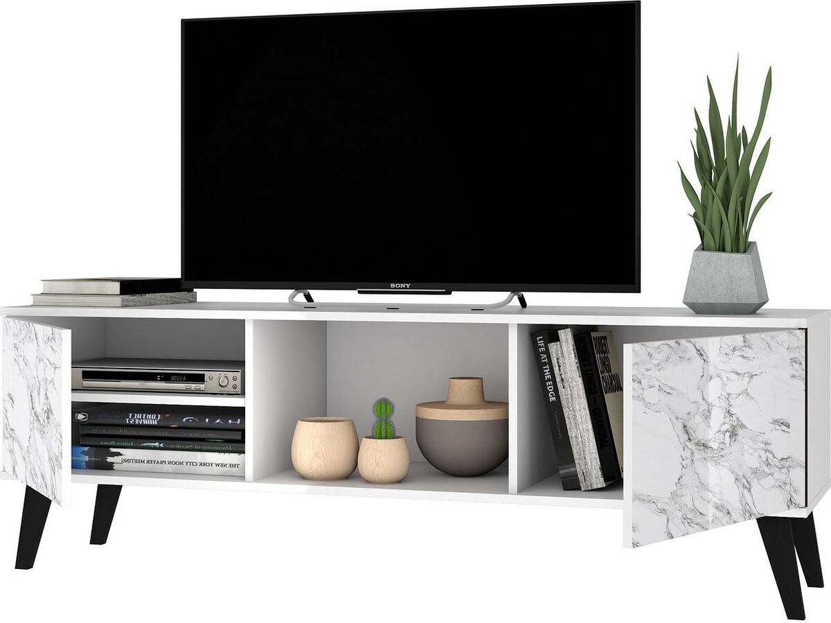 Manhattan Comfort TV & Media Units - Doyers 62.20 Mid-Century Modern TV Stand in White & Marble Stamp