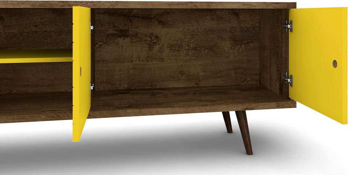 Manhattan Comfort TV & Media Units - Liberty 62.99" Mid-Century - Modern TV Stand with 3 Shelves & 2 Doors in Rustic Brown & Yellow with