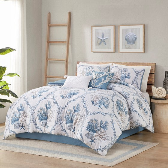 Olliix.com Comforters & Blankets - 6 Piece Oversized Cotton Comforter Set with Throw Pillows Blue/White