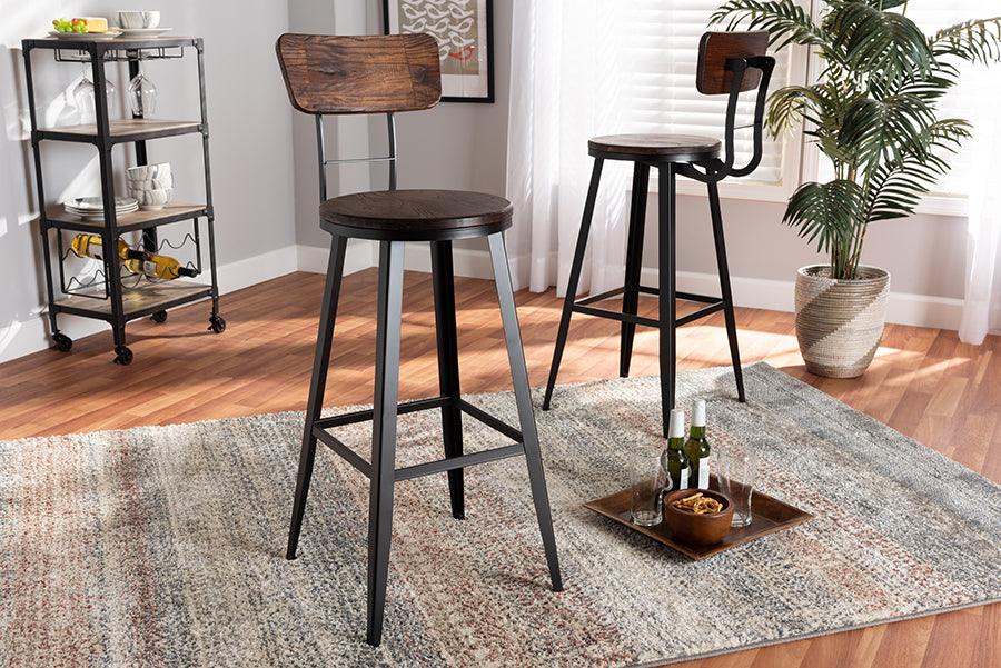 Wholesale Interiors Barstools - Kenna Vintage Rustic Industrial Wood and Black Metal Finished 2-Piece Metal Bar Stool