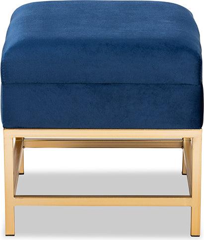 Wholesale Interiors Ottomans & Stools - Aliana Navy Blue Velvet Fabric Upholstered and Gold Finished Metal Small Storage Ottoman