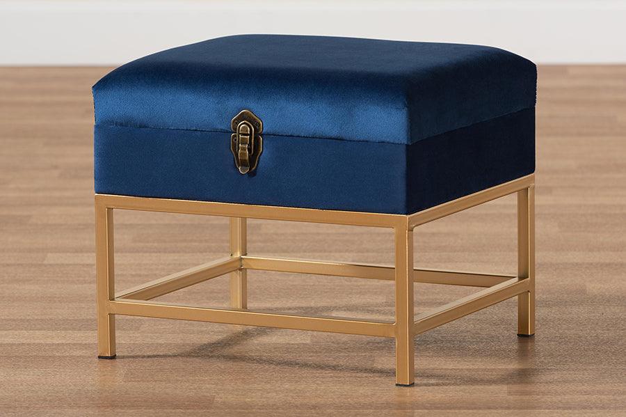 Wholesale Interiors Ottomans & Stools - Aliana Navy Blue Velvet Fabric Upholstered and Gold Finished Metal Small Storage Ottoman