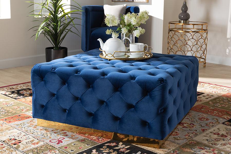 Wholesale Interiors Ottomans & Stools - Verene Glam & Luxe Royal Blue Velvet Gold Finished Square Cocktail Ottoman