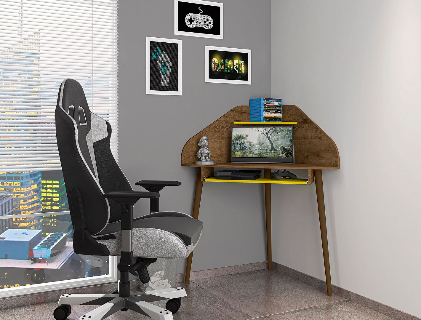 Manhattan Comfort Desks - Bradley 2-Piece Cubicle Section Desk with Keyboard Shelf Rustic Brown & Yellow