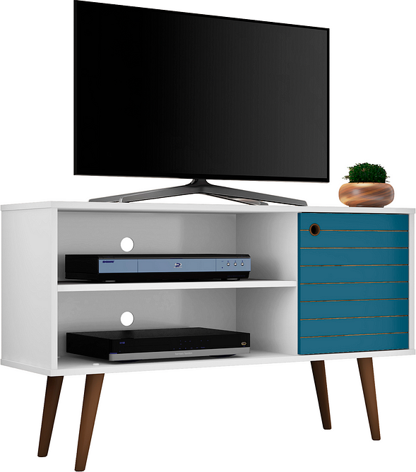 Manhattan Comfort TV & Media Units - Liberty 42.52" Mid-Century - Modern TV Stand with 2 Shelves & 1 Door in White & Aqua Blue