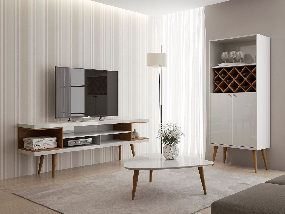 Manhattan Comfort TV & Media Units - Utopia 70.47" TV Stand with Splayed Wooden Legs & 4 Shelves in White Gloss & Maple Cream