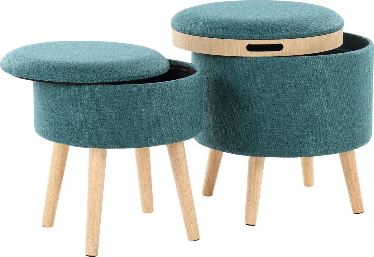 Lumisource Ottomans & Stools - Tray Contemporary Storage Ottoman With Matching Stool In Teal Fabric & Natural Wood Legs