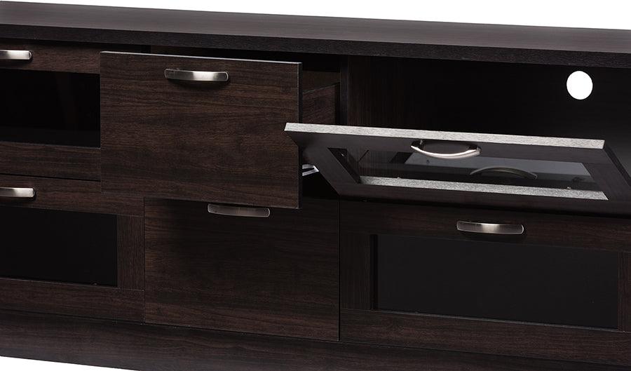 Wholesale Interiors TV & Media Units - Adelino 63 Inches Dark Brown Wood TV Cabinet with 4 Glass Doors and 2 Drawers Dark Brown