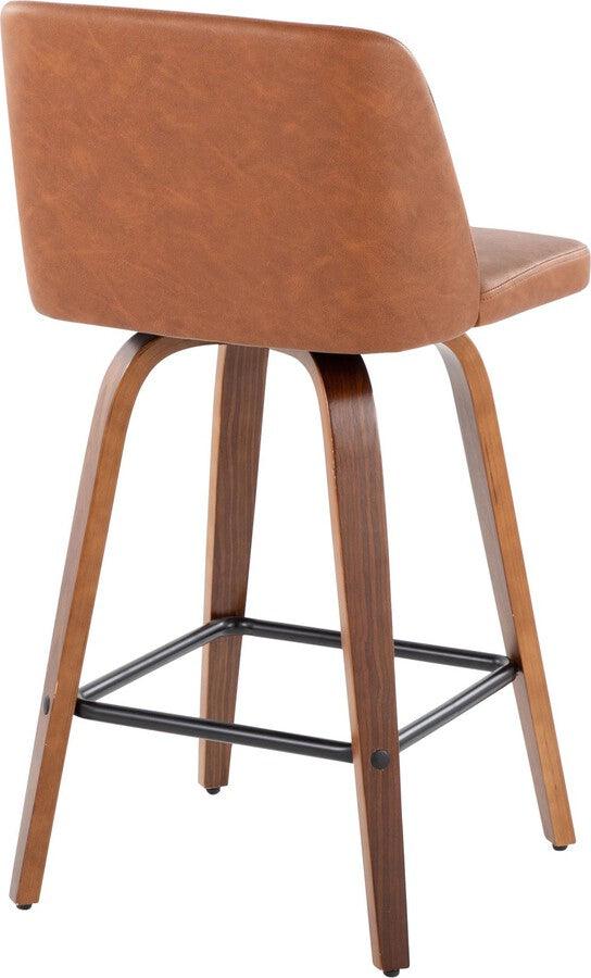 Lumisource Barstools - Toriano 26" Fixed Height Counter Stool With Swivel Walnut Wood & Camel Faux Leather (Set of 2)