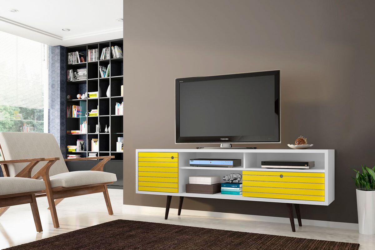 Manhattan Comfort TV & Media Units - Liberty 70.86" Mid-Century - Modern TV St& White & Yellow