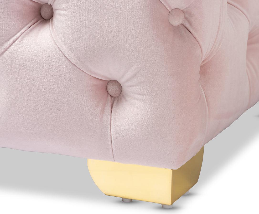 Wholesale Interiors Ottomans & Stools - Avara Glam Light Pink Velvet Fabric Upholstered Gold Finished Button Tufted Ottoman