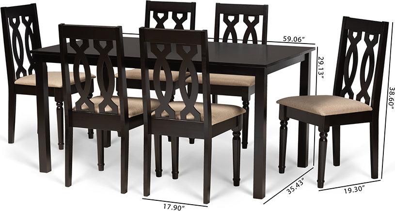 Wholesale Interiors Dining Sets - Cherese Sand Fabric Upholstered and Dark Brown Finished Wood 7-Piece Dining Set