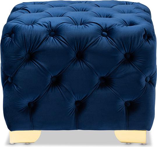 Wholesale Interiors Ottomans & Stools - Avara Royal Blue Velvet Fabric Upholstered Gold Finished Button Tufted Ottoman