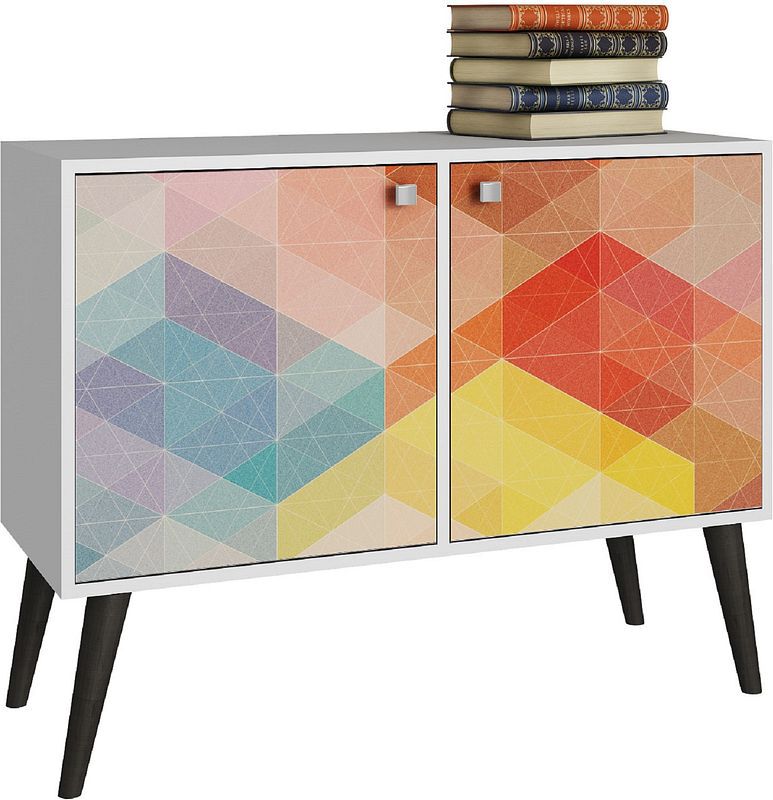 Manhattan Comfort Side & End Tables - Funky Avesta Side Table 2.0 with 3 Shelves in a White Frame with a Colorful Stamp Door