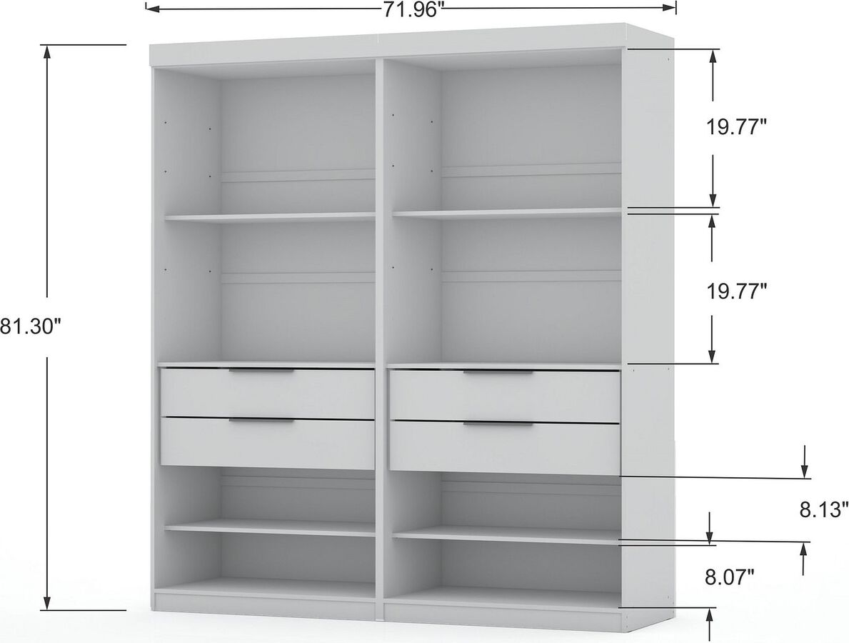 Manhattan Comfort Cabinets & Wardrobes - Mulberry Open 2 Sectional Modern Wardrobe Closet with 4 Drawers - Set of 2 in White