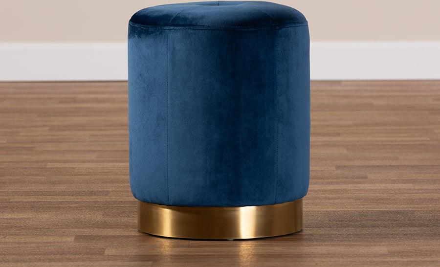 Wholesale Interiors Ottomans & Stools - Alonza Glam Navy Blue Velvet Fabric Upholstered Gold-Finished Ottoman