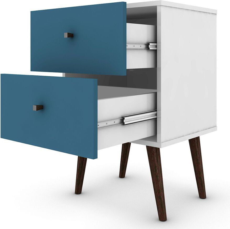 Manhattan Comfort Nightstands & Side Tables - Liberty Mid-Century - Modern Nightstand 2.0 with 2 Full Extension Drawers in White & Aqua Blue with