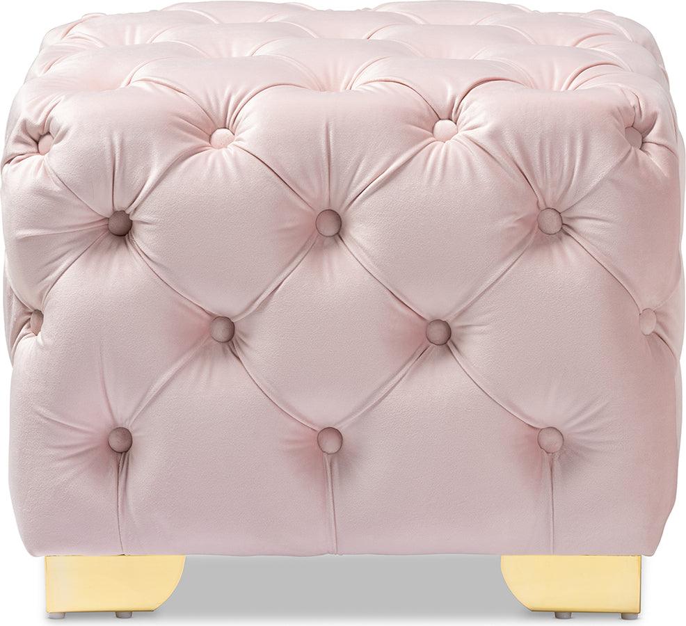 Wholesale Interiors Ottomans & Stools - Avara Glam Light Pink Velvet Fabric Upholstered Gold Finished Button Tufted Ottoman