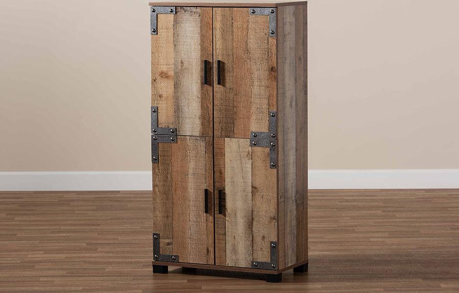 Wholesale Interiors Shoe Storage - Cyrille Modern and Contemporary Farmhouse Rustic Finished Wood 4-Door Shoe Cabinet