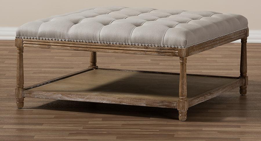 Wholesale Interiors Ottomans & Stools - Carlotta French Country Weathered Oak Beige Linen Square Coffee Table Ottoman