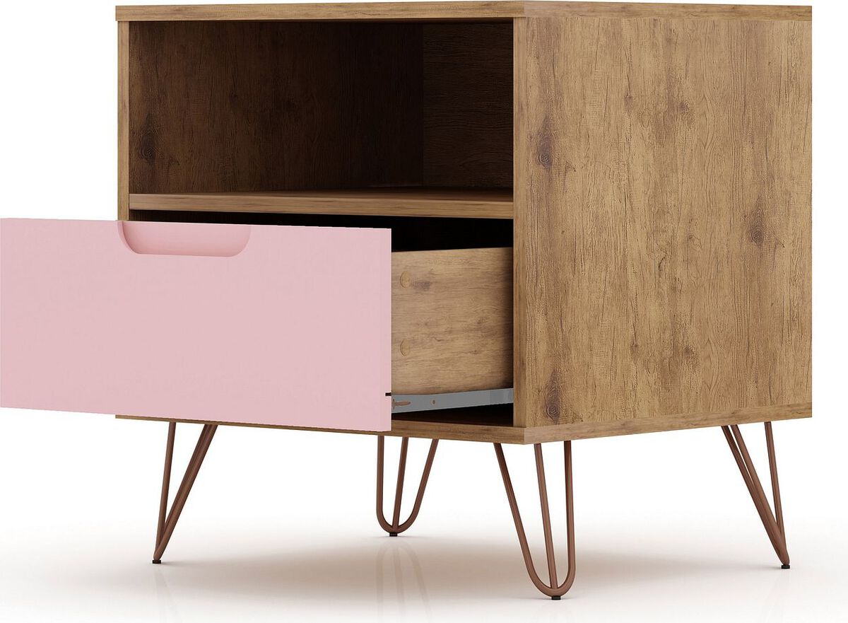 Manhattan Comfort Nightstands & Side Tables - Rockefeller 1.0 Mid-Century- Modern Nightstand with 1-Drawer in Nature and Rose Pink