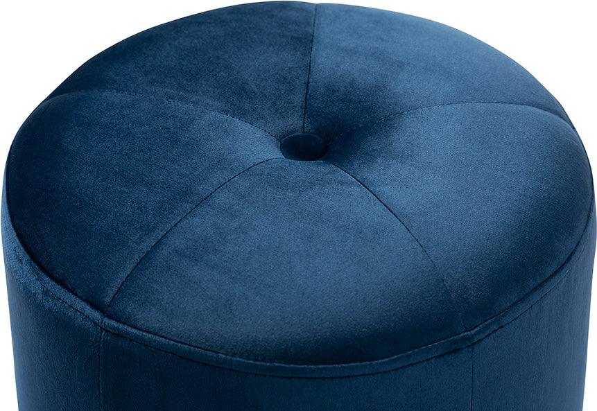 Wholesale Interiors Ottomans & Stools - Alonza Glam Navy Blue Velvet Fabric Upholstered Gold-Finished Ottoman