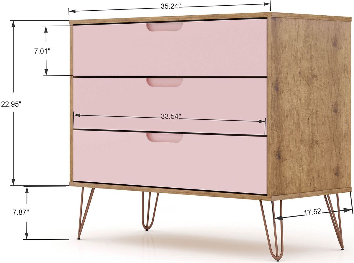 Manhattan Comfort Dressers - Rockefeller Mid-Century- Modern Dresser with 3- Drawers in Nature & Rose Pink