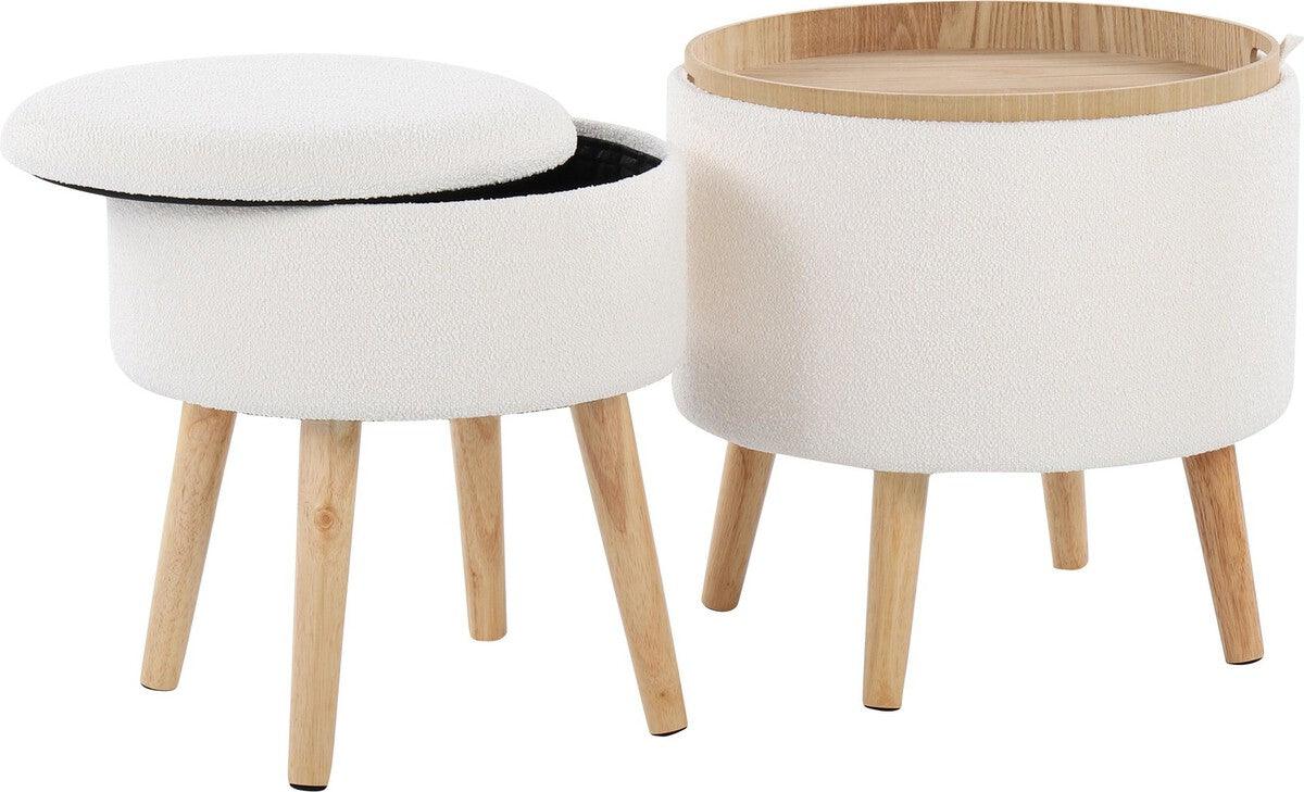 Lumisource Ottomans & Stools - Tray Storage Ottoman With Matching Stool In Textured Cream Fabric & Natural Wood Legs