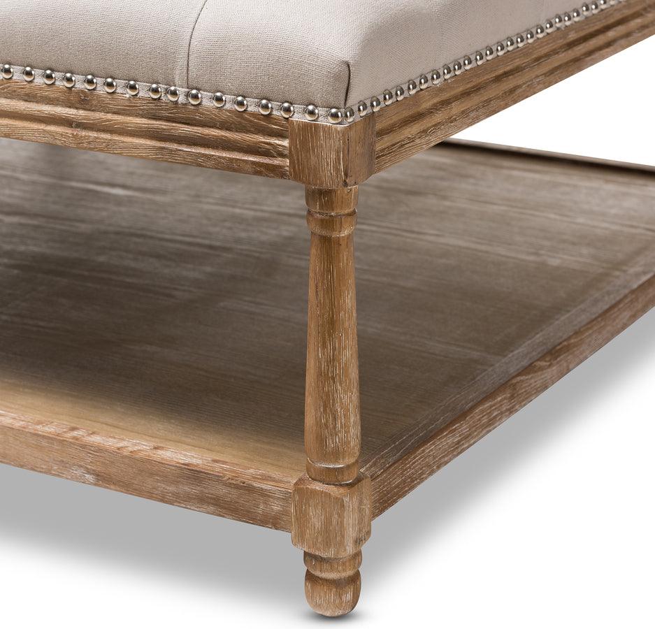 Wholesale Interiors Ottomans & Stools - Carlotta French Country Weathered Oak Beige Linen Square Coffee Table Ottoman