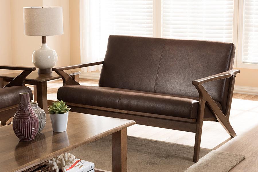 Wholesale Interiors Loveseats - Bianca Walnut Wood Dark Brown Distressed Faux Leather 2-Seater Loveseat