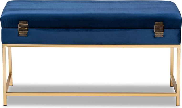 Wholesale Interiors Ottomans & Stools - Aliana Navy Blue Velvet Fabric Upholstered and Gold Finished Metal Large Storage Ottoman