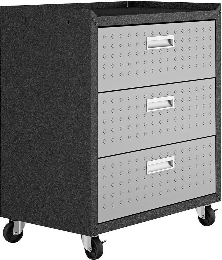 Manhattan Comfort Buffets & Cabinets - Fortress Textured Metal 31.5" Garage Mobile Chest with 3 Full Extension Drawers in Gray