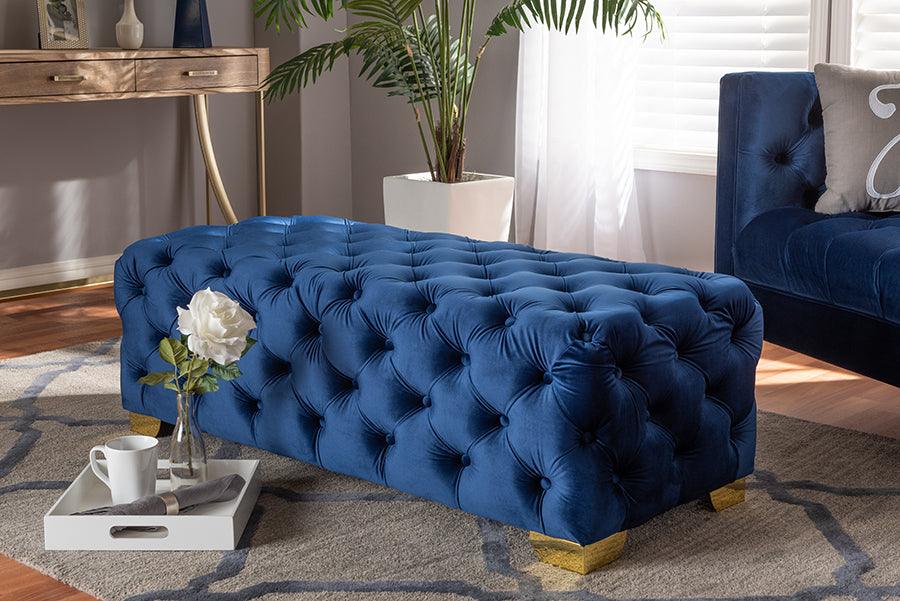 Wholesale Interiors Ottomans & Stools - Avara Glam & Luxe Royal Blue and Gold Finished Button Tufted Bench Ottoman