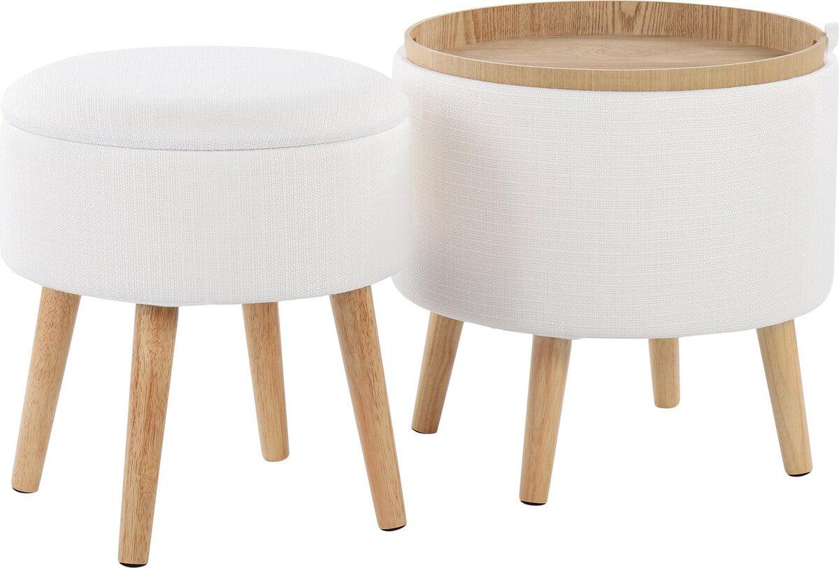 Lumisource Ottomans & Stools - Tray Contemporary Storage Ottoman With Matching Stool In Cream Fabric & Natural Wood Legs