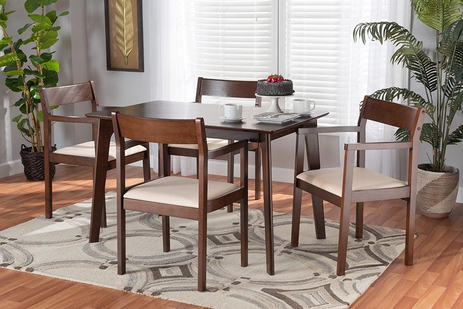 Wholesale Interiors Dining Sets - Helene Mid-Century Modern Cream Fabric And Dark Brown Finished Wood 5-Piece Dining Set