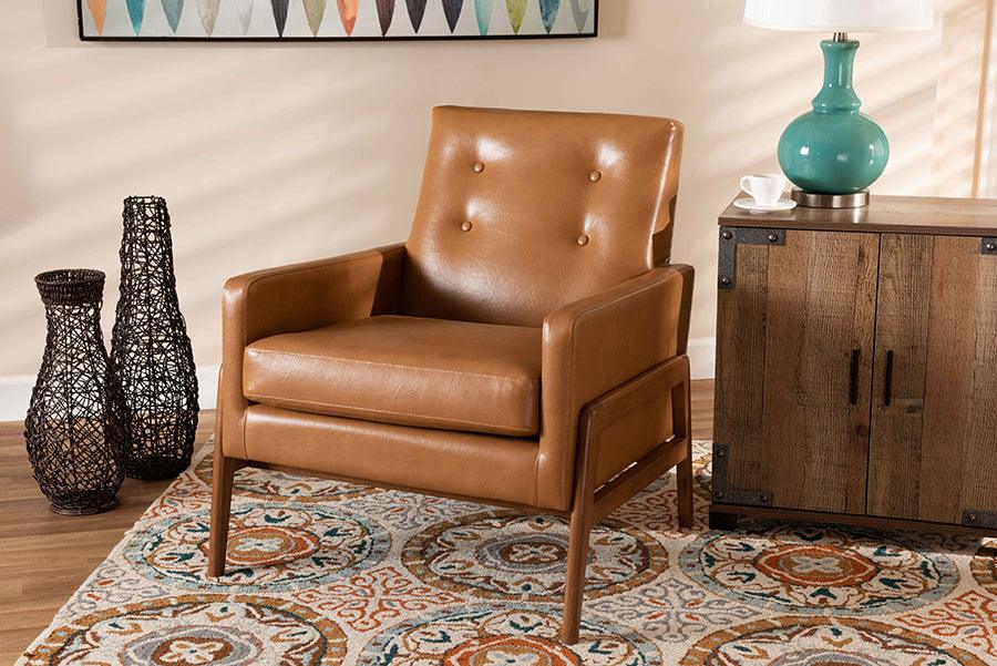 Wholesale Interiors Accent Chairs - Perris Mid-Century Modern Tan Faux Leather Upholstered and Walnut Brown Finished Wood