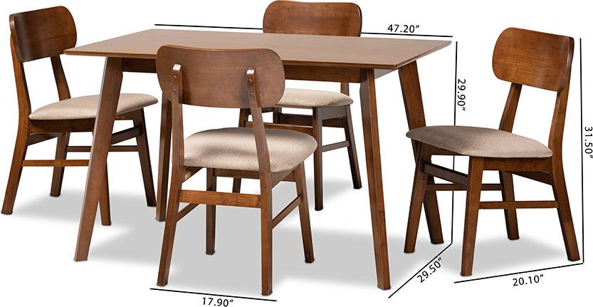 Wholesale Interiors Dining Sets - Euclid Mid-Century Modern Fabric and Walnut Brown Finished Wood 5-Piece Dining Set