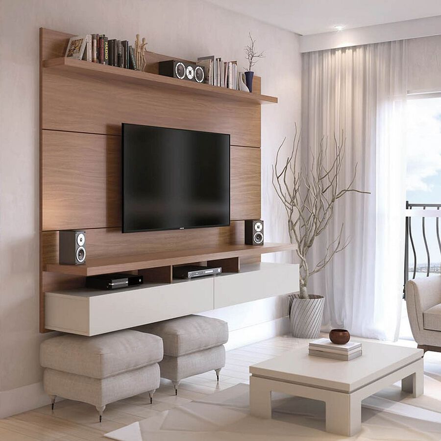 Manhattan Comfort TV & Media Units - City 62.99 Modern Floating Entertainment Center with Media Shelves in Maple Cream & Off White