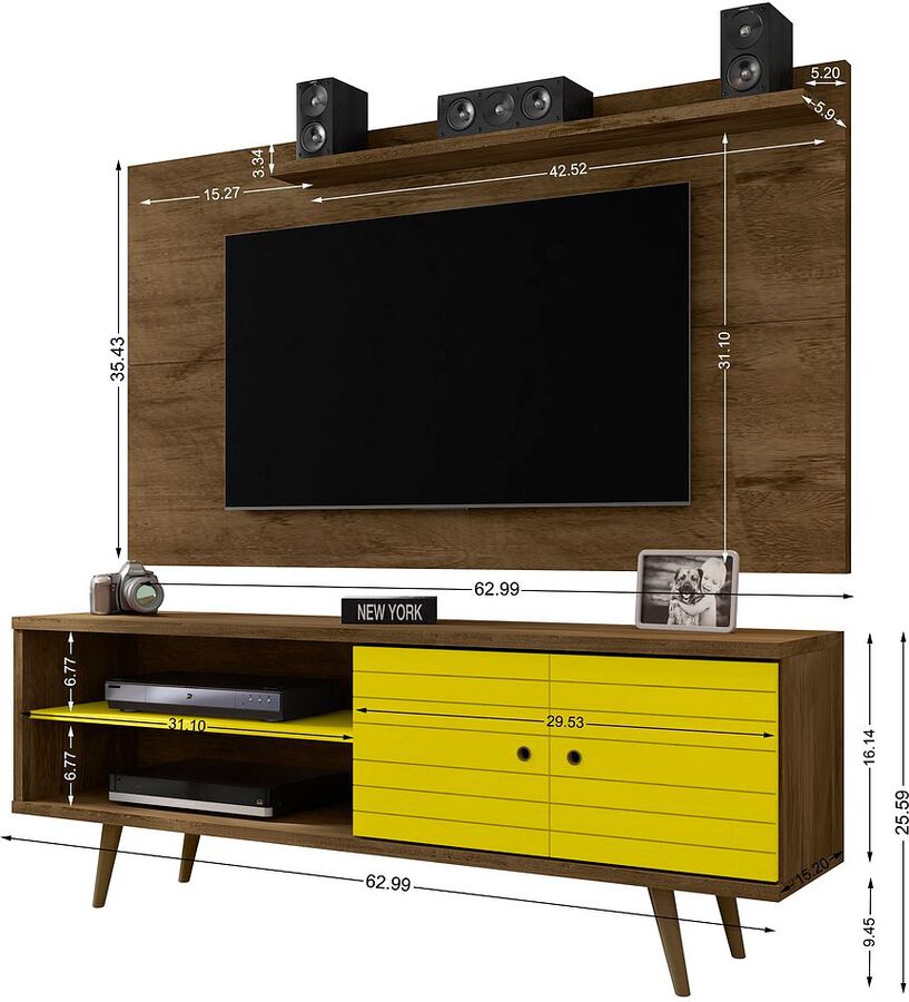 Manhattan Comfort TV & Media Units - Liberty 62.99 Mid-Century Modern TV Stand & Panel with Solid Wood Legs in Rustic Brown & Yellow