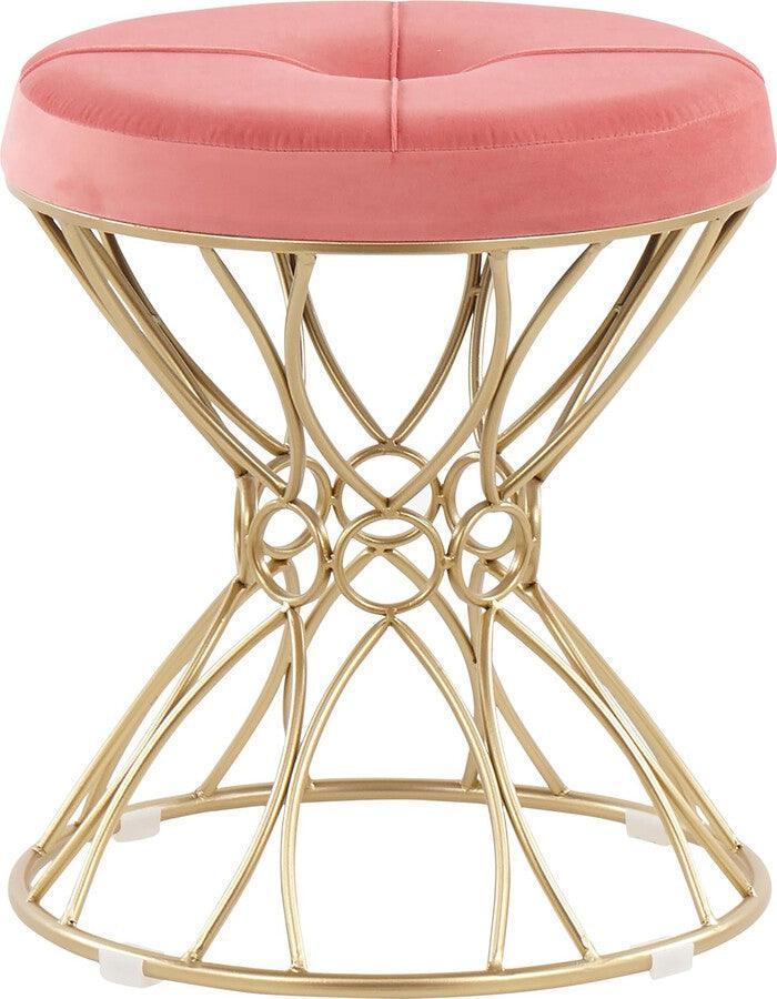 Jasmine Contemporary Vanity Stool in Gold Metal and Pink Velvet