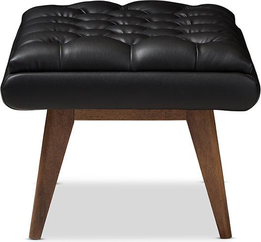 Wholesale Interiors Ottomans & Stools - Annetha Mid-Century Modern Black Faux Leather Walnut Wood Ottoman