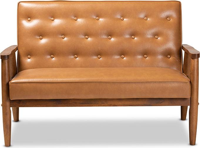 Wholesale Interiors Loveseats - Sorrento Tan Faux Leather Upholstered and Walnut Brown Finished Wood Loveseat