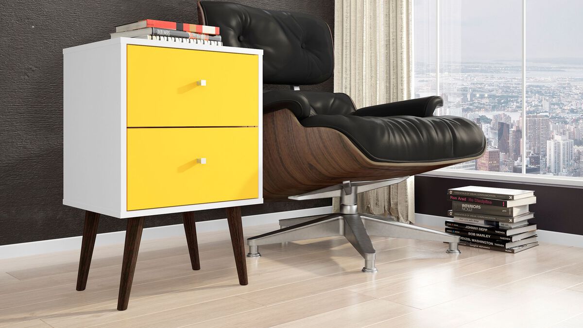 Manhattan Comfort Nightstands & Side Tables - Liberty Mid-Century - Modern Nightst& 2.0 White & Yellow