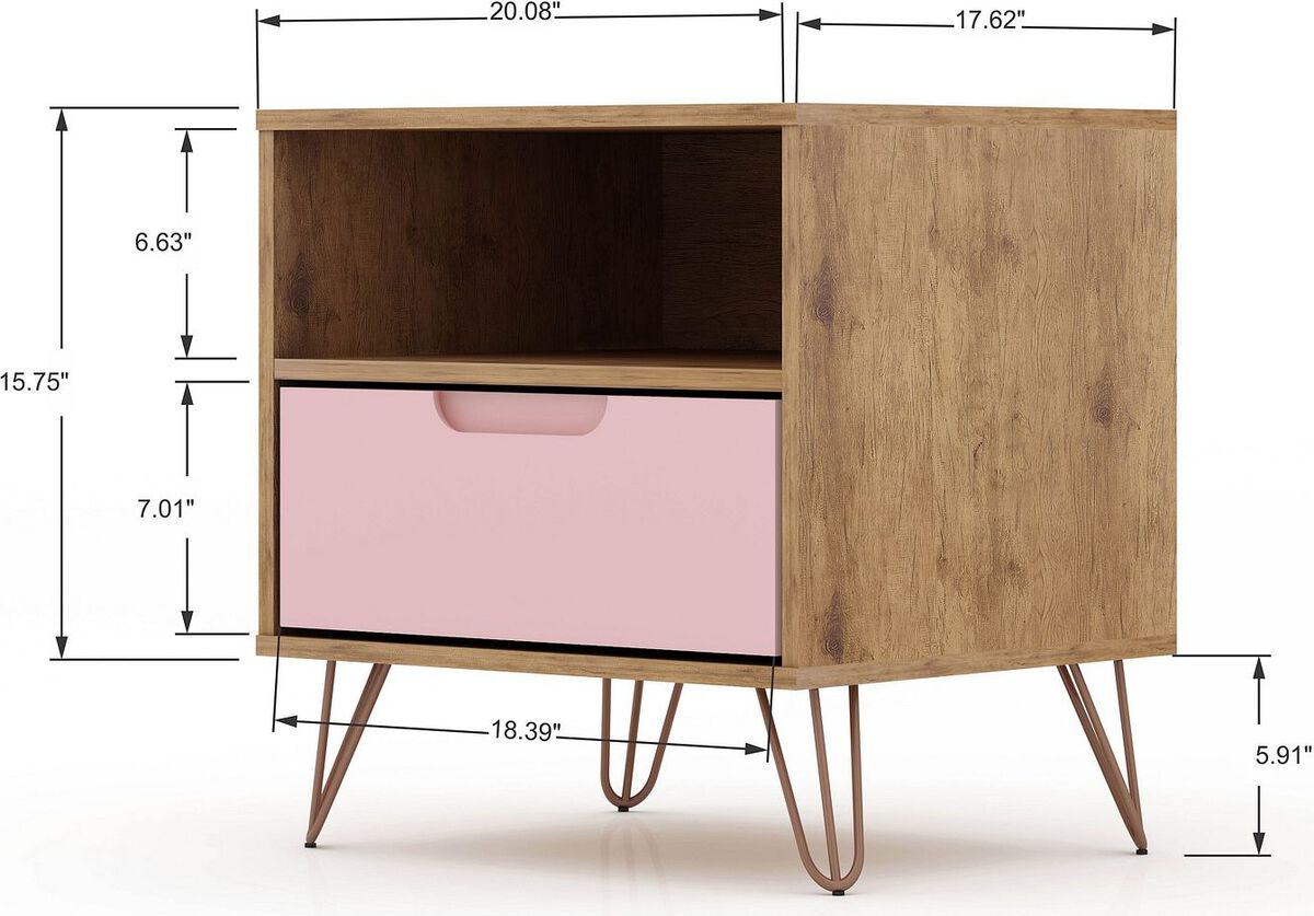 Manhattan Comfort Nightstands & Side Tables - Rockefeller 1.0 Mid-Century- Modern Nightstand with 1-Drawer in Nature and Rose Pink